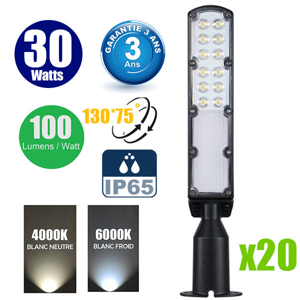 Pack de 20x Lampes de rue filaires - Série FLEX ECO V2 - 30 Watts - 3000 Lumens - 100 Lumens/Watt - Angle 130° x 75° - IP65 - 42 x 11 x 8 cm - Tube d'insertion 60mm - Support ajustable - Garantie 3 ans