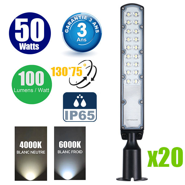 Pack de 20x Lampes de rue filaires - Série FLEX ECO V2 - 50 Watts - 5000 Lumens - 100 Lumens/Watt - Angle 130° x 75° - IP65 - 51 x 11 x 8 cm - Tube d'insertion 60mm - Support ajustable - Garantie 3 ans