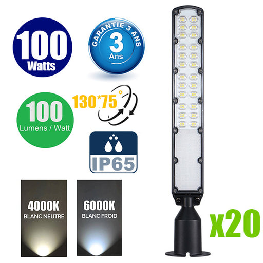 Pack de 20x Lampes de rue filaires - Série FLEX ECO V2 - 100 Watts - 10 000 Lumens - 100 Lumens/Watt - Angle 130° x 75° - IP65 - 60 x 11 x 8 cm - Tube d'insertion 60mm - Support ajustable - 4000K / 6000K au choix - Garantie 3 ans