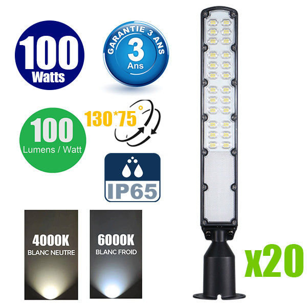 Pack de 20x Lampes de rue filaires - Série FLEX ECO V2 - 100 Watts - 10 000 Lumens - 100 Lumens/Watt - Angle 130° x 75° - IP65 - 60 x 11 x 8 cm - Tube d'insertion 60mm - Support ajustable - 4000K / 6000K au choix - Garantie 3 ans