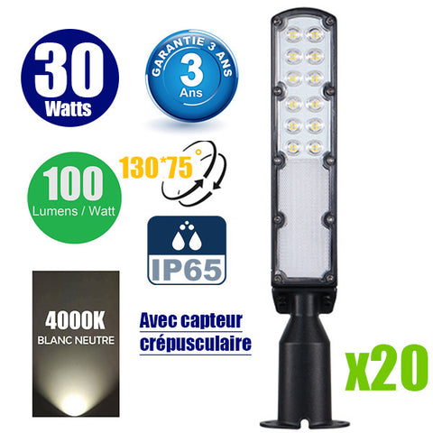Pack de 20x Lampes de rue filaires - Série FLEX ECO V2 - 30 Watts - 3000 Lumens - 100 Lumens/Watt - Angle 130° x 75° - IP65 - 42 x 11 x 8 cm - Tube d'insertion 60mm - Support ajustable - Avec capteur crépusculaire - Garantie 3 ans