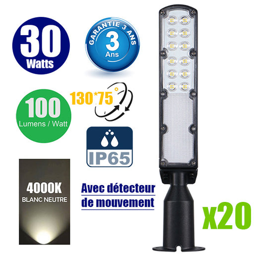Pack de 20x Lampes de rue filaires - Série FLEX ECO V2 - 30 Watts - 3000 Lumens - 100 Lumens/Watt - Angle 130° x 75° - IP65 - 42 x 11 x 8 cm - Tube d'insertion 60mm - Support ajustable - Avec détecteur de mouvement - Garantie 3 ans