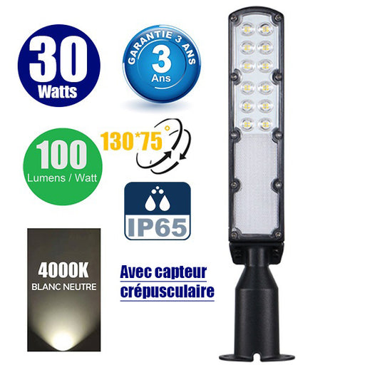 Lampe de rue filaire - Série FLEX ECO V2 - 30 Watts - 3000 Lumens - 100 Lumens/Watt - Angle 130° x 75° - IP65 - 42 x 11 x 8 cm - Tube d'insertion 60mm - Support ajustable - Avec capteur crépusculaire - Garantie 3 ans
