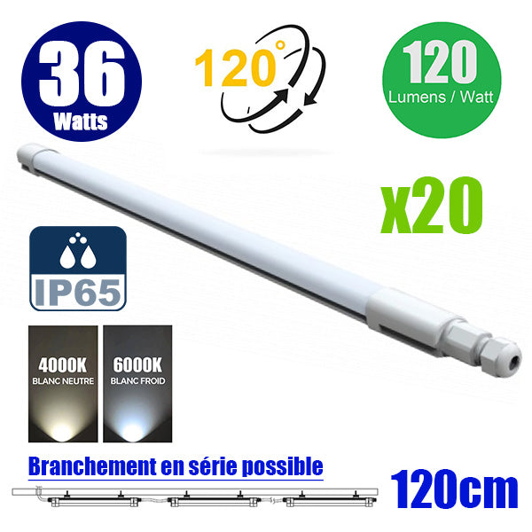 Pack de 20x Réglettes LED connectables 120 cm - Série EASY LINK SLIM - 36 Watts - 4500 Lumens - 125 Lumens/watt - IP65 - Angle 120° - 125 x 4 x 3 cm - 4000k / 6000k au choix