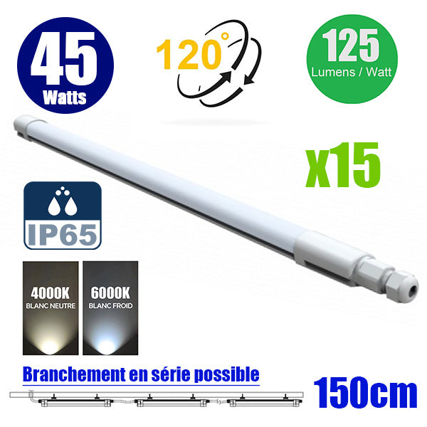 Pack de 15x Réglettes LED connectables 150 cm - Série EASY LINK SLIM - 45 Watts - 5625 Lumens - 125 Lumens/watt - IP65 - Angle 120° - 155 x 4 x 3 cm - 4000k / 6000k au choix