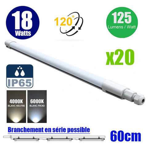 Pack de 20x Réglettes LED connectables 60 cm - Série EASY LINK SLIM - 18 Watts - 2250 Lumens - 125 Lumens/watt - IP65 - Angle 120° - 70 x 4 x 3 cm - 4000k / 6000k au choix