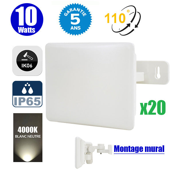 Pack de 20x Lampes LED murales filaires - Série LFX - 10 Watts - 900 Lumens - 90 Lumens/watt - IP65 - Angle 110° - 12 x 10 x 9 cm - Protection à l'impact IK06 - Couleur BLANC - 4000k - Garantie 5 ans