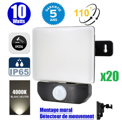 Pack de 20x Lampes LED murales filaires - Série LFX PIR - 10 Watts - 900 Lumens - 90 Lumens/watt - IP65 - Angle 110° - 12 x 12 x 11 cm - Protection à l'impact IK06 - 4000k - Détecteur de mouvement - Garantie 5 ans