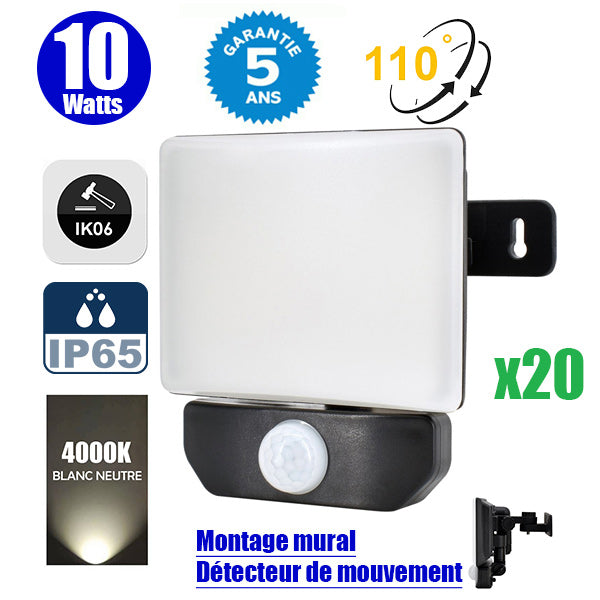 Pack de 20x Lampes LED murales filaires - Série LFX PIR - 10 Watts - 900 Lumens - 90 Lumens/watt - IP65 - Angle 110° - 12 x 12 x 11 cm - Protection à l'impact IK06 - 4000k - Détecteur de mouvement - Garantie 5 ans
