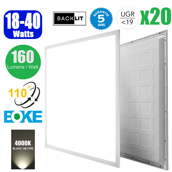 Pack de 20x Dalles LED - Dernière génération - BACKLIT - 60 x 60 cm - Série AMBITION V2 – Puissance ajustable 18 à 40 Watts - Jusqu'à 6400 Lumens - 160 Lumens/Watt - Angle 110° - IP20 - IK02 - Transformateur BOKE - UGR <19 - 4000K - Garantie 5 ans