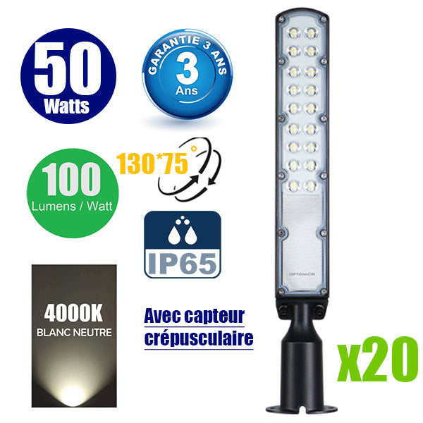 Pack de 20x Lampes de rue filaires - Série FLEX ECO V2 - 50 Watts - 5000 Lumens - 100 Lumens/Watt - Angle 130° x 75° - IP65 - 51 x 11 x 8 cm - Tube d'insertion 60mm - Support ajustable - Avec capteur crépusculaire - Garantie 3 ans