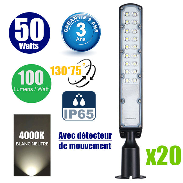 Pack de 20x Lampes de rue filaires - Série FLEX ECO V2 - 50 Watts - 5000 Lumens - 100 Lumens/Watt - Angle 130° x 75° - IP65 - 51 x 11 x 8 cm - Tube d'insertion 60mm - Support ajustable - Avec détecteur de mouvement - Garantie 3 ans