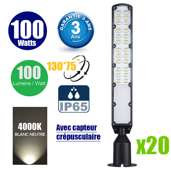 Pack de 20x Lampes de rue filaires - Série FLEX ECO V2 - 100 Watts - 10 000 Lumens - 100 Lumens/Watt - Angle 130° x 75° - IP65 - 60 x 11 x 8 cm - Tube d'insertion 60mm - Support ajustable - Avec capteur crépusculaire - Garantie 3 ans
