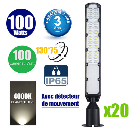 Pack de 20x Lampes de rue filaires - Série FLEX ECO V2 - 100 Watts - 10 000 Lumens - 100 Lumens/Watt - Angle 130° x 75° - IP65 - 60 x 11 x 8 cm - Tube d'insertion 60mm - Support ajustable - Avec détecteur de mouvement - Garantie 3 ans