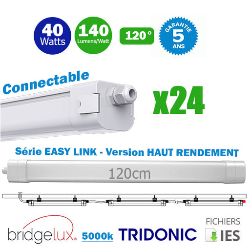 Pack de 24x Réglettes LED étanches connectables - Série EASY-LINK - Version HAUT RENDEMENT - 40 Watts - 5600 Lumens - 140 Lumens/Watt - 129 x 7 x 6 cm - Angle 120° - IP65 - 4000k / 5000k - Transformateur TRIDONIC - Garantie 5 ans