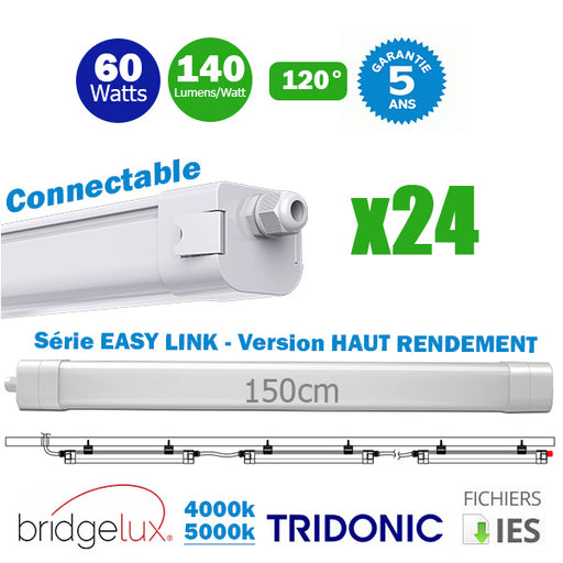 Pack de 24x Réglettes LED étanches connectables - Série EASY-LINK - Version HAUT RENDEMENT - 60 Watts - 8400 Lumens - 140 Lumens/Watt - 157 x 7 x 6 cm - Angle 120° - IP65 - 4000K / 5000k - Transformateur TRIDONIC - Garantie 5 ans