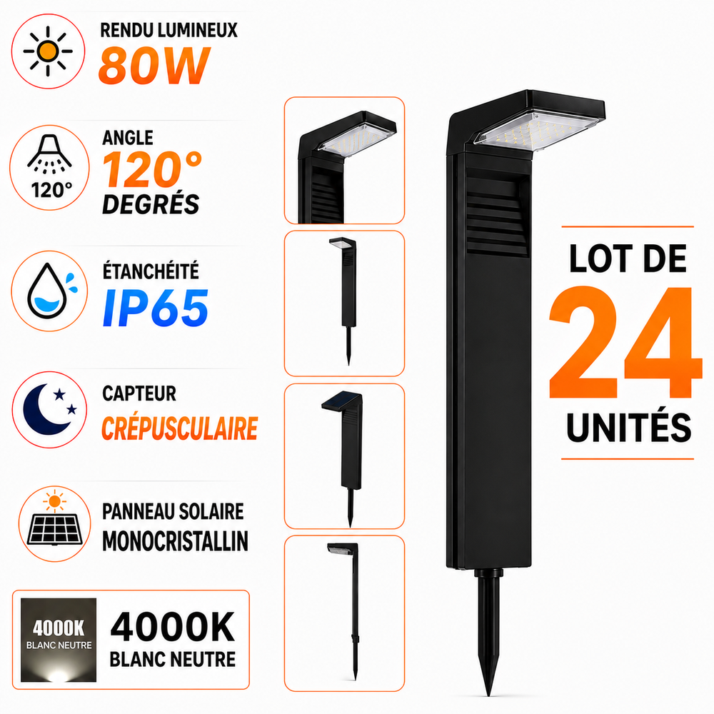 Lot de 24x Balises / Bornes solaires LED - Série BALIZ XL - Rendu lumineux 80 Watts - 200 Lumens - Angle 120° - IP65 - 41 x 16 x 9cm - 4000K - Avec capteur crépusculaire - 2 Modes d'éclairage - Panneau MONOCRISTALLIN