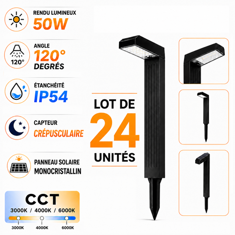 Lot de 24x Balises / Bornes solaires LED - Série BALIZ - CCT (Couleur Changeante en Température) - Rendu lumineux 50 Watts - 25 Lumens - Angle 120° - IP54 - 53 x 14 x 5cm - Avec capteur crépusculaire - Panneau MONOCRISTALLIN