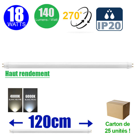 Carton de 25x Tubes / Néons LED T8 HAUT RENDEMENT 120CM en nano-plastique - Filaire - Rotatif - 18 Watts - 2520 Lumens - 140 Lumens/Watt - IP20 - 270° - 1200 x 28 mm - Couleur d'éclairage au choix - Alimentation unilatérale (mono-extrémité) - Avec starter