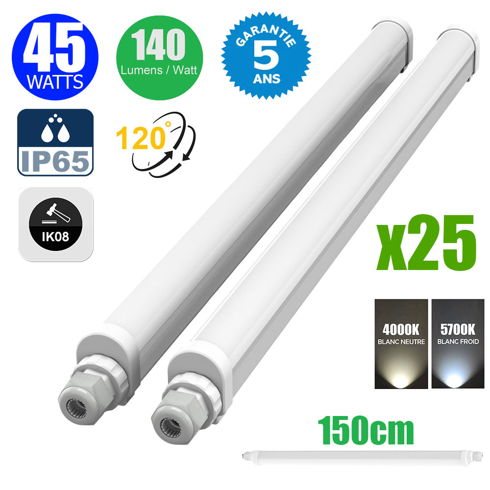 Pack de 25x Réglettes LED étanches - Série ECO140 - Version HAUT RENDEMENT - Non Connectables - 150 cm - 45 Watts - 6300 Lumens - 140 Lumens/Watt - IP65 - Angle 120° - 150 x 5 x 4 cm - 4000k / 5700k au choix - Garantie 5 ans