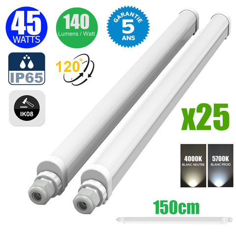 Pack de 25x Réglettes LED étanches - Série ECO140 - Version HAUT RENDEMENT - Non Connectables - 150 cm - 45 Watts - 6300 Lumens - 140 Lumens/Watt - IP65 - Angle 120° - 150 x 5 x 4 cm - 4000k / 5700k au choix - Garantie 5 ans
