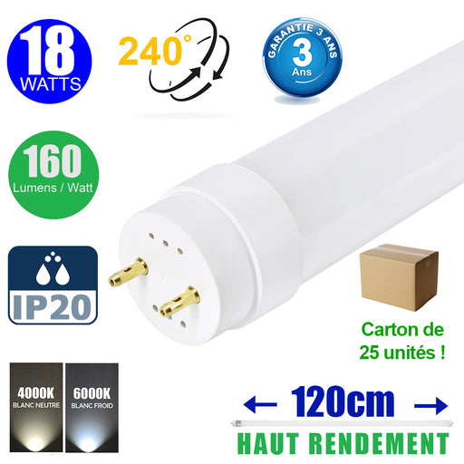 Carton de 25x Tubes LED T8 120CM - Culot G13 - Filaire - HAUT RENDEMENT - 18 Watts - 2880 Lumens - 160 Lumens/watt - IP20 - Angle 240° - 120 x 3 x 3 cm - 4000k/6000k au choix - Garantie 3 ans