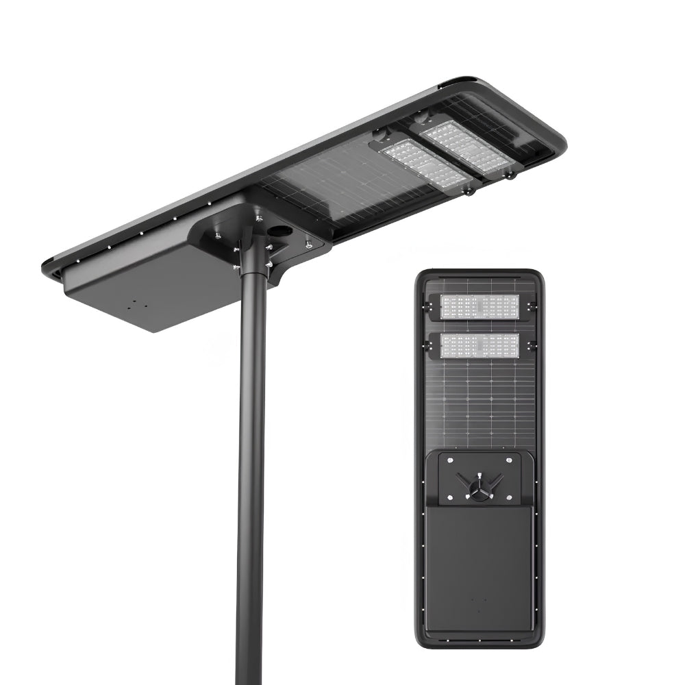 Lampe de rue solaire - Série HORIZON - 12 800 Lumens - 80 Watts - Couleur 6500K - Angle 150x70° - IP65 - Structure Aluminium -  1174 x 497 x 115 mm - Tube d'insertion 76mm - Régulateur MPPT - Garantie 3 ans