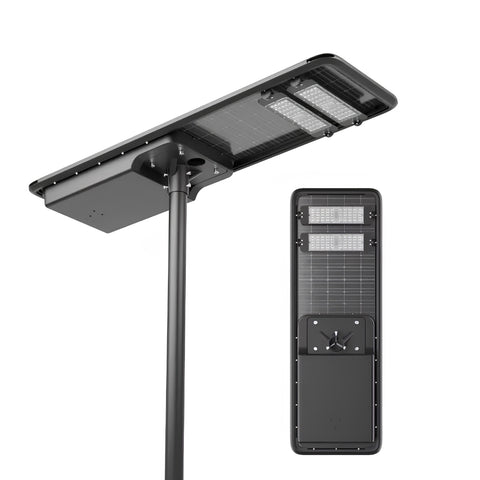 Lampe de rue solaire - Série HORIZON - 12 800 Lumens - 80 Watts - Couleur 6500K - Angle 150x70° - IP65 - Structure Aluminium -  1174 x 497 x 115 mm - Tube d'insertion 76mm - Régulateur MPPT - Garantie 3 ans