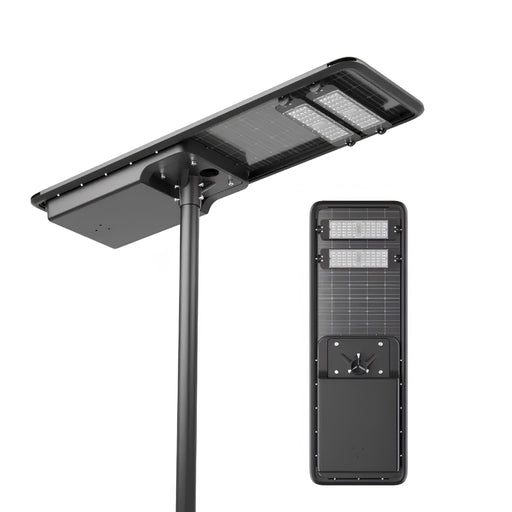 Lampe de rue solaire - Série HORIZON - 12 800 Lumens - 80 Watts - Couleur 6500K - Angle 150x70° - IP65 - Structure Aluminium -  1174 x 497 x 115 mm - Tube d'insertion 76mm - Régulateur MPPT - Garantie 3 ans