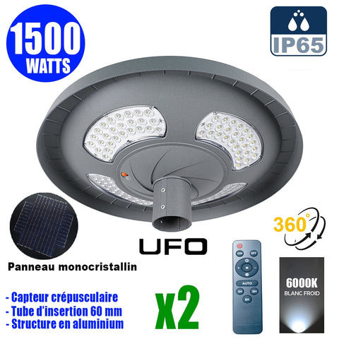 Pack de 2x Lampes solaires pour extérieur - série OVNI FUTUR V2 - 1500 Watts - 3200 Lumens - Angle 360° - IP65 - 61 x 19 cm - Tube d'insertion 76 mm - Structure en aluminium - Capteur crépusculaire - Télécommande multifonctions - 6000k