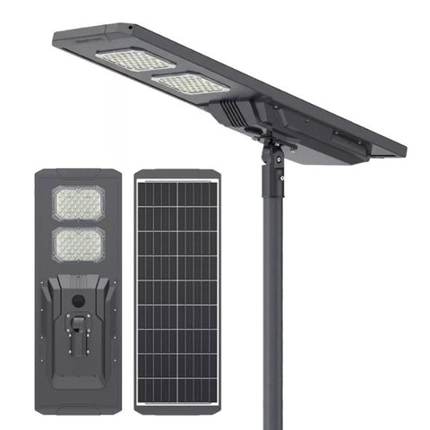 Lampe de rue solaire - Série STARSHIP ULTRA V2 - 9600 Lumens - 60 Watts - Couleur 6500K - Angle 150x70° - IP65 - Structure Aluminium - 1130 x 400 x 102 mm - Tube d'insertion 76mm - Régulateur MPPT - Garantie 2 ans