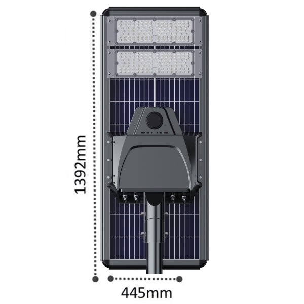 Lampe de rue solaire - Série STARSHIP ELITE - 12 800 Lumens - Angle 150x70° - IP65 - 139 x 45 x 9 cm - 3000k/4000k/6000k au choix - Structure ALUMINIUM - Tube d'insertion 76mm - Régulateur MPPT - Détecteur de mouvement - Télécommande - Garantie 3 ans