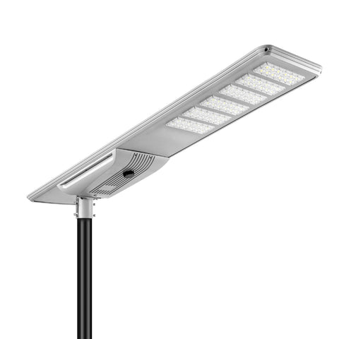 Lampe de rue solaire - Série STREET V3 - 20 000 Lumens - 100 Watts - Structure Aluminium - Dimensions 1603 x 408 x 150 mm - Panneau solaire 130W MONOCRISTALLIN - Autonomie 12 heures - Garantie 3 ans