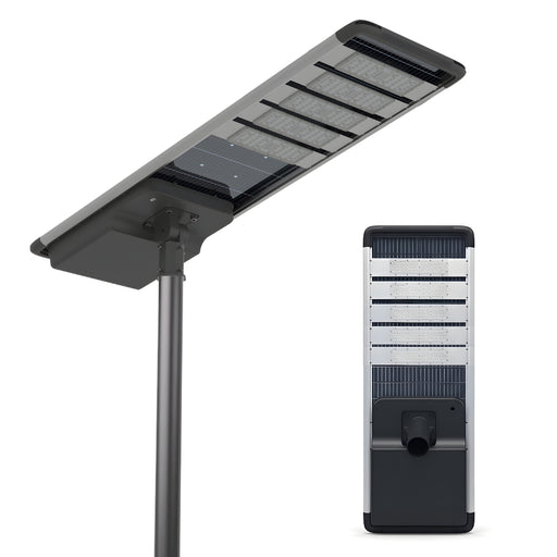 Lampe de rue solaire - Série HORIZON - 24 000 Lumens - 150 Watts - Couleur 6500K - Angle 150x70° - IP65 - Structure Aluminium - 1904 x 497 x 115 mm - Tube d'insertion 76mm - Régulateur MPPT - Garantie 3 ans