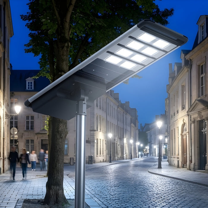 Lampe de rue solaire - Série HORIZON - 19 200 Lumens - 120 Watts - Couleur 6500K - Angle 150x70° - IP65 - Structure Aluminium - 1719 x 497 x 115 mm - Tube d'insertion 76mm - Régulateur MPPT - Garantie 3 ans