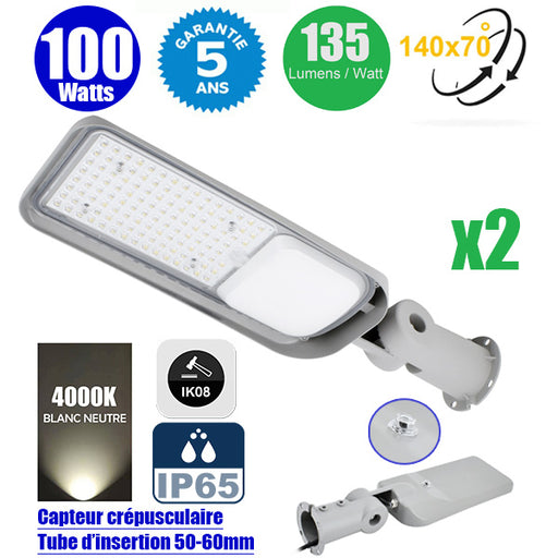 Pack de 2x Lampes de rue filaires - Série FLEX PLUS - 100 Watts - 13 500 Lumens - 135 Lumens/Watt - 140*70° - IP65 - IK08 - 57 x 18 x 11 cm - Tube d'insertion 50-60mm - Support ajustable - 4000K - Couleur GRIS - Capteur crépusculaire - Garantie 5 ans