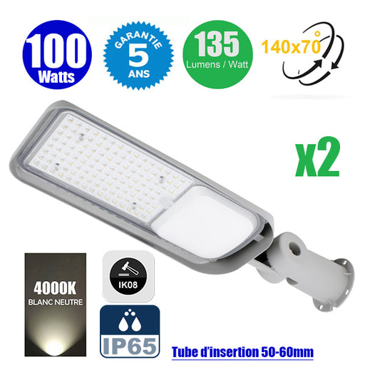 Pack de 2x Lampes de rue filaires - Série FLEX PLUS - 100 Watts - 13 500 Lumens - 135 Lumens/Watt - Angle 140*70° - IP65 - IK08 - 57 x 18 x 11 cm - Tube d'insertion 50-60mm - Support ajustable - 4000K - Couleur GRIS - Garantie 5 ans