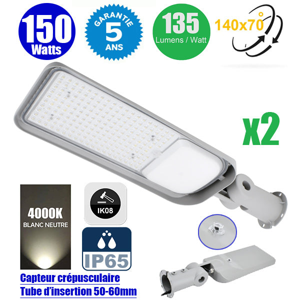 Pack de 2x Lampes de rue filaires - Série FLEX PLUS - 150 Watts - 20 250 Lumens - 135 Lumens/Watt - 140*70° - IP65 - IK08 - 63 x 20 x 11 cm - Tube d'insertion 50-60mm - Support ajustable - 4000K - Couleur GRIS - Capteur crépusculaire - Garantie 5 ans
