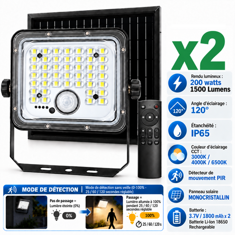 Pack de 2x Projecteurs LED solaires - Série SECURITY V5 - CCT - 200 Watts - 1500 Lumens - IP65 - Angle 120° - 13 x 12 x 4 cm - Panneau solaire MONOCRISTALLIN - Mode de détection sans veille 0-100% - Télécommande Multifonctions