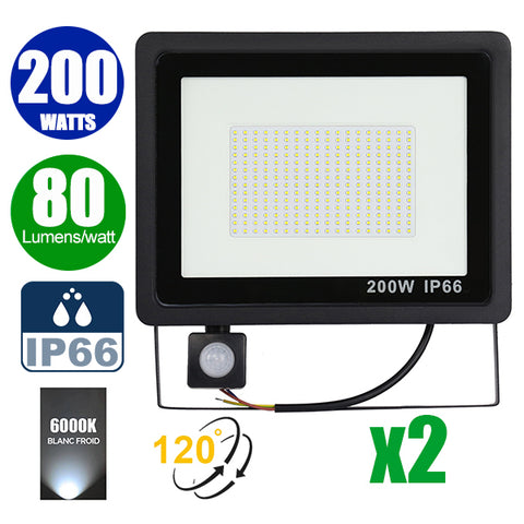 Pack de 2x Projecteurs LED filaires - Série PAD PIR - 200 Watts - 16 000 Lumens - 80 Lumens/Watt - Angle 120° - IP66 - 38 x 33 x 6 cm - 6000k - Avec détecteur de mouvement Infrarouge