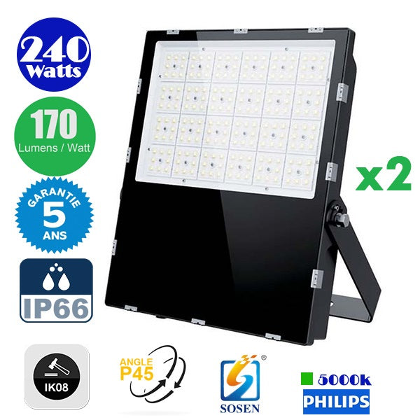 DERNIER DU STOCK : 2x Projecteurs LED Haute Puissance - Série CITY PLUS EVO 240 Watts - 40 800 Lumens - 170 Lumens/Watt - Angle  P45 - IP66 - IK08 - 41 x 33 x 5 cm - Transformateur SOSEN - 5000k - Garantie 5 ans