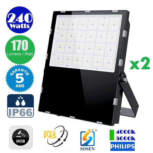 DERNIER DU STOCK : 2x Projecteurs LED Haute Puissance - Série CITY PLUS EVO 240 Watts - 40 800 Lumens - 170 Lumens/Watt - Angle  P45 - IP66 - IK08 - 41 x 33 x 5 cm - Transformateur SOSEN - 4000k / 5000k - Garantie 5 ans