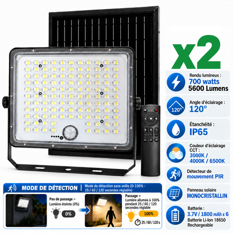 Pack de 2x Projecteurs LED solaires - Série SECURITY V5 - CCT - 700 Watts - 5600 Lumens - IP65 - Angle 120° - 33 x 27 x 8 cm - Panneau solaire MONOCRISTALLIN - Mode de détection sans veille 0-100% - Télécommande Multifonctions