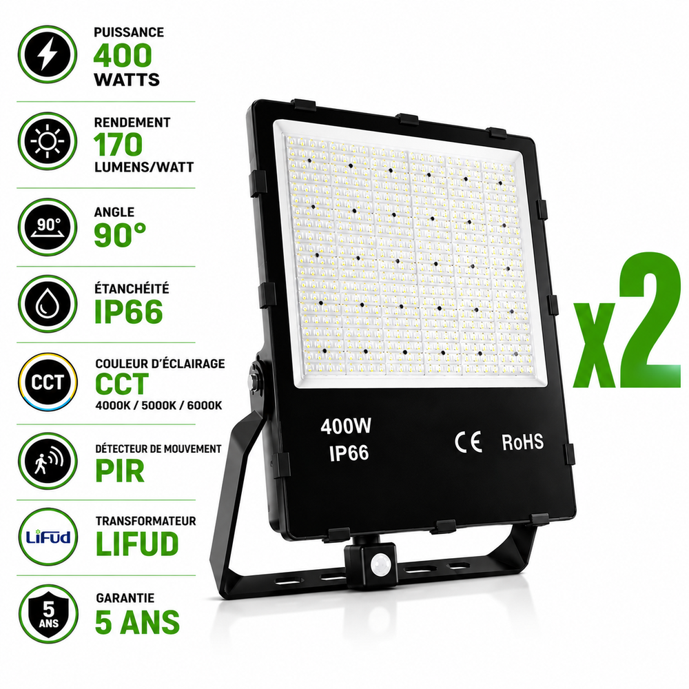 Pack de 2x Projecteurs détecteurs hautes puissances LED filaires - Série CITY PLUS SENSOR 400 - CCT - 400 Watts - 68 000 Lumens - 170 Lumens/watt - IP66 - Angle 90° - 45 x 38 x 6 cm - Transformateur LIFUD - Avec détecteur de mouvement - Garantie 5 ans