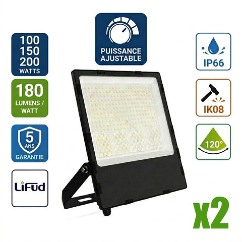 Pack de 2x Projecteurs LED filaires - Série CITY PLUS V4 - Puissance ajustable 100 / 150 / 200 Watts - CCT - 180 Lumens/Watt - 120° - IP66 - 45 x 35 x 32 cm - Protection à l'impact IK08 - Transformateur LIFUD - Garantie 5 ans