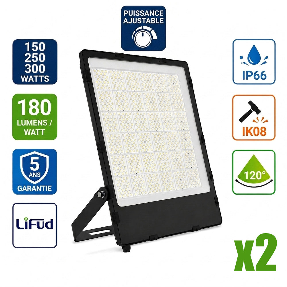 Pack de 2x Projecteurs LED filaires - Série CITY PLUS V4 - Puissance ajustable 150 / 225 / 300 Watts  - CCT - 180 Lumens/Watt - 120° - IP66 - 50 x 40 x 4 cm - Protection à l'impact IK08 - Transformateur LIFUD - Garantie 5 ans