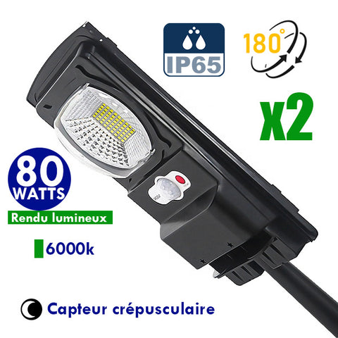Pack de 2x Lampes de rue solaires - Série CYCLOPE - Rendu lumineux 80 Watts - Angle éclairage 180 ° - IP65 - 25 x 14 x 4 cm - Avec capteur crépusculaire – Support mural intégré – Couleur 6000K