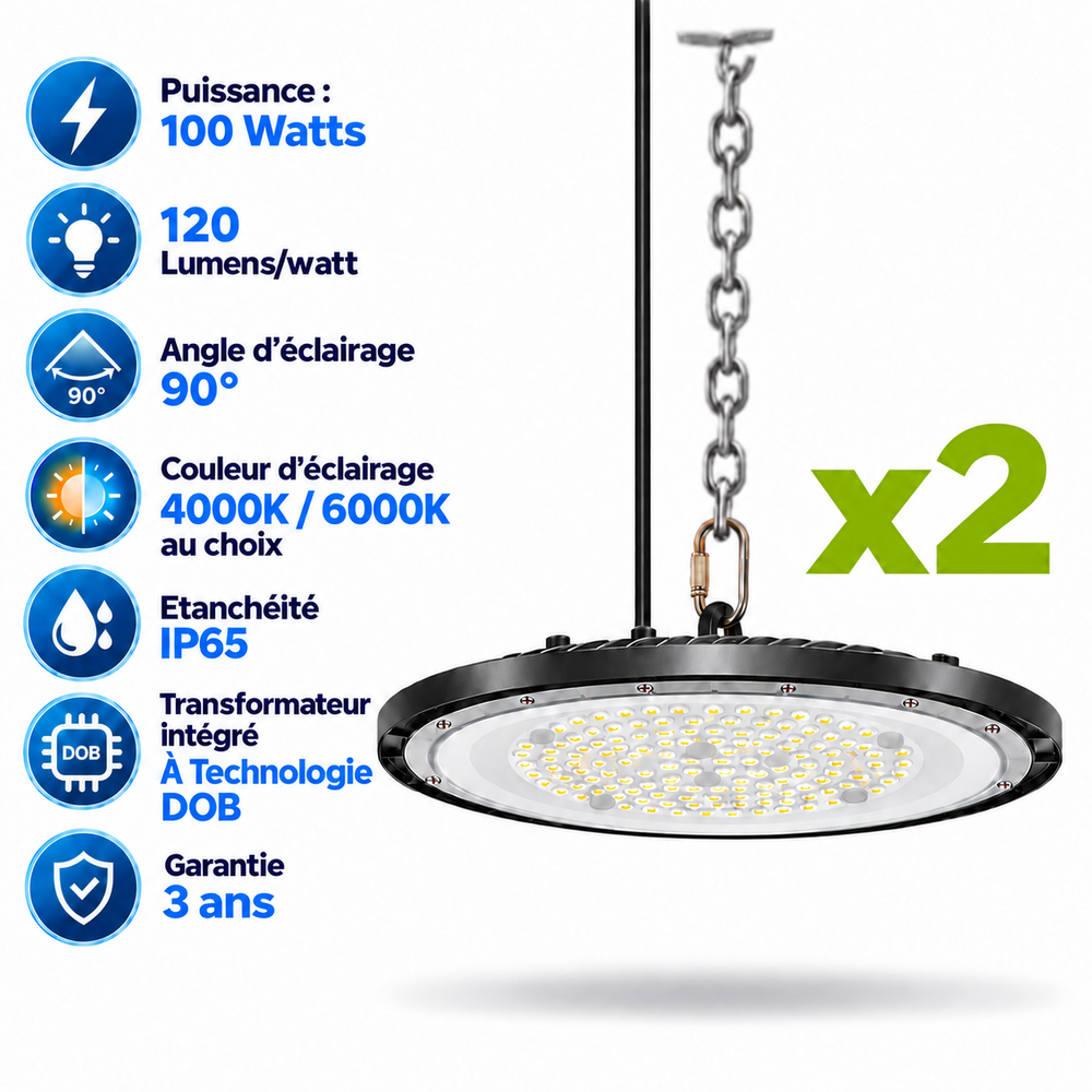 Pack de 2x Lampes industrielles UFO - Série DIAMANT ECO à technologie DOB - 100 Watts - 12 000 Lumens - 120 Lumens/Watt - Angle 90° - IP65 - 26 x 3 cm - 4000K/6000K au choix - Garantie 3 ans