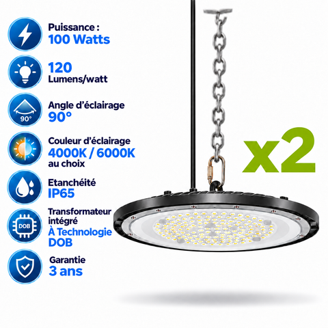 Pack de 4x Lampes industrielles UFO - Série DIAMANT ECO à technologie DOB - 100 Watts - 12 000 Lumens - 120 Lumens/Watt - Angle 90° - IP65 - 26 x 3 cm - 4000K/6000K au choix - Garantie 3 ans