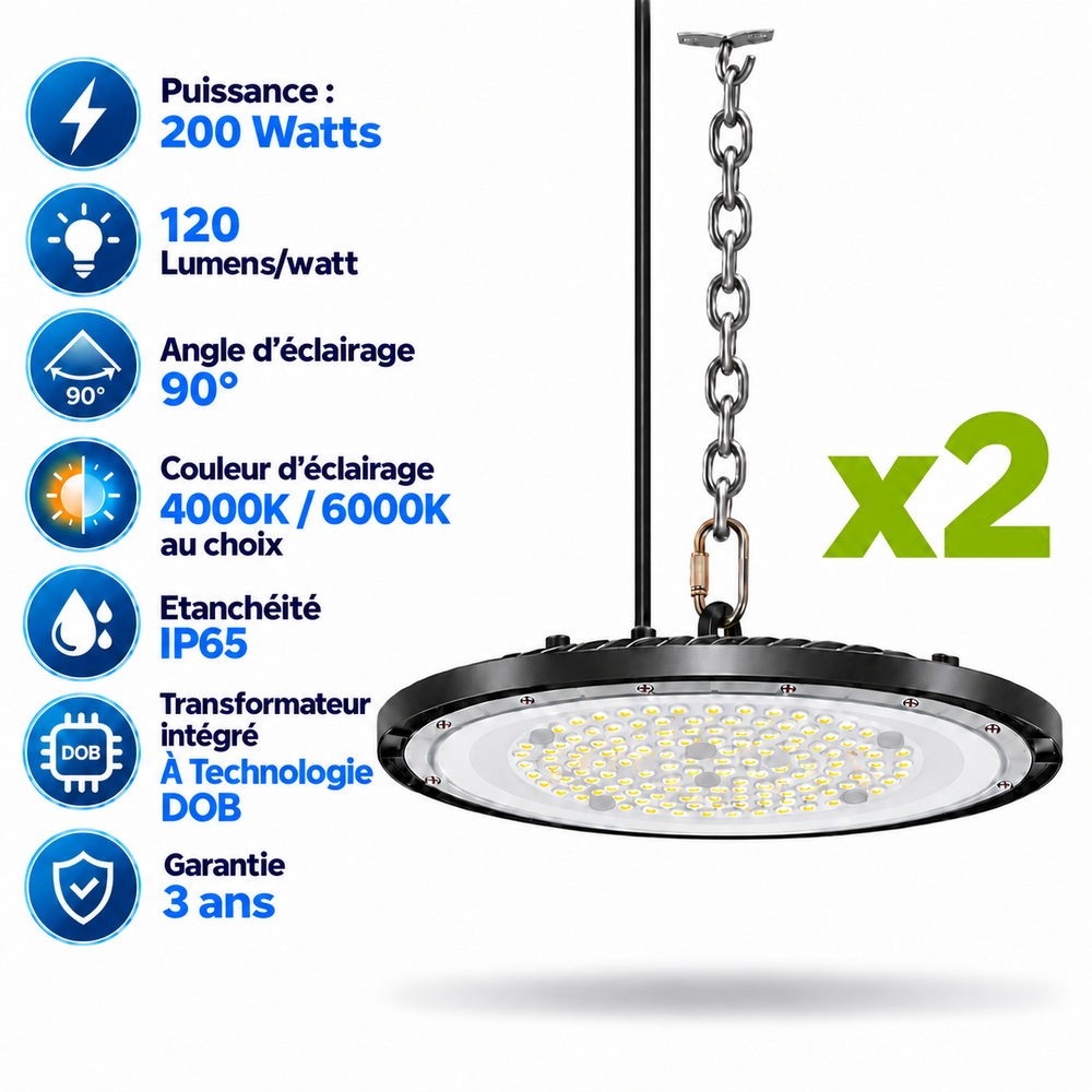 Pack de 2x Lampes industrielles UFO - Série DIAMANT ECO à technologie DOB - 200 Watts - 24 000 Lumens - 120 Lumens/Watt - Angle 90° - IP65 - 36 x 3 cm - 4000K/6000K au choix - Garantie 3 ans
